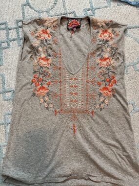 Johnny Was Gray Tank Top with Coral and Peach Embroidery